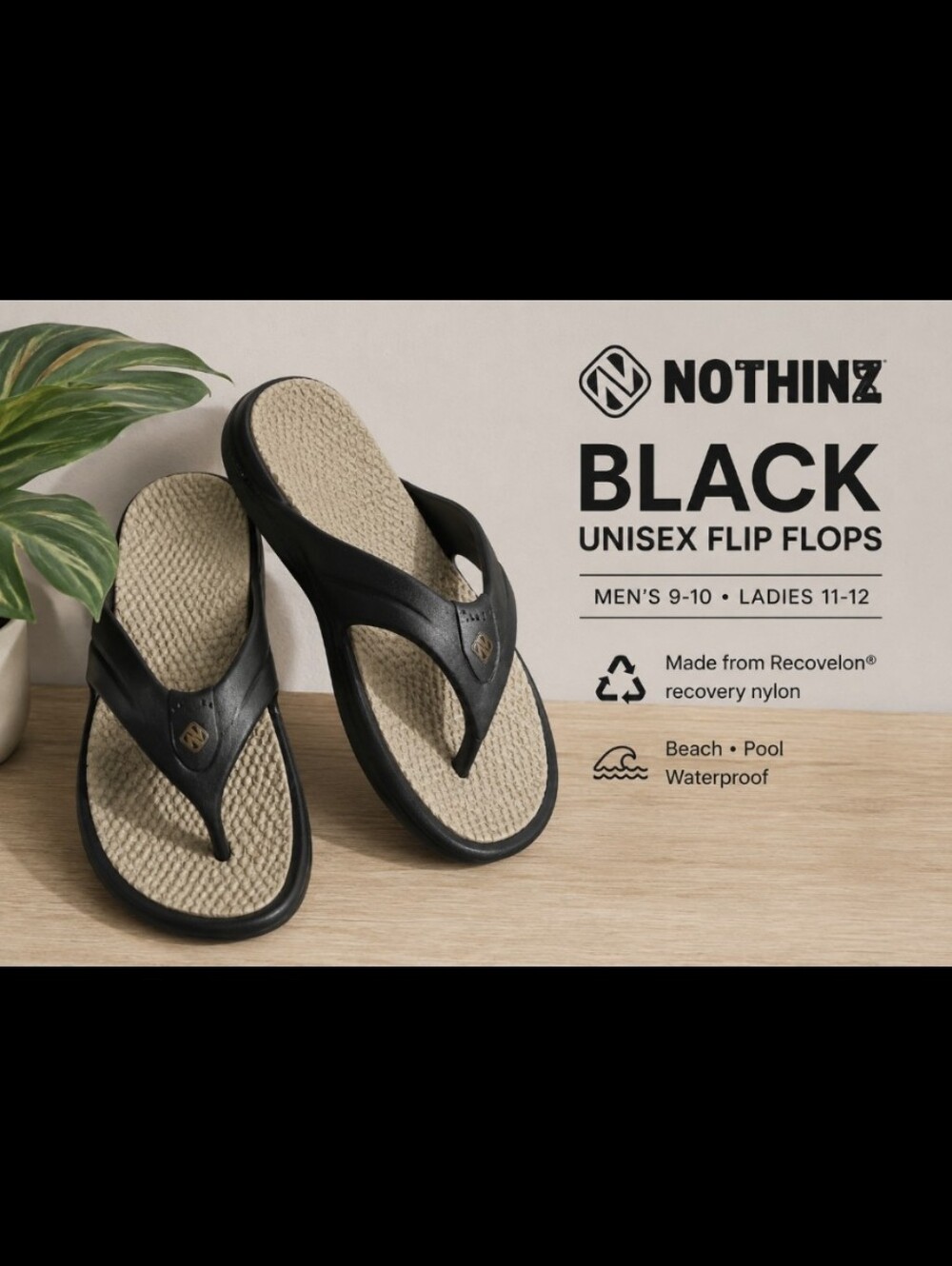 NOTHINZ BLACK Men's 9-10 Ladies 11-12 Unisex Flip Flops Nwot
